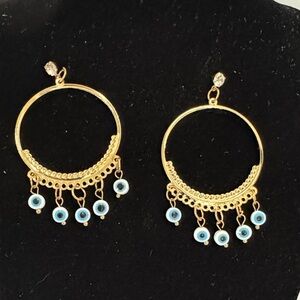 Gold Hoop Earrings with Light Blue Evil Eye Charms